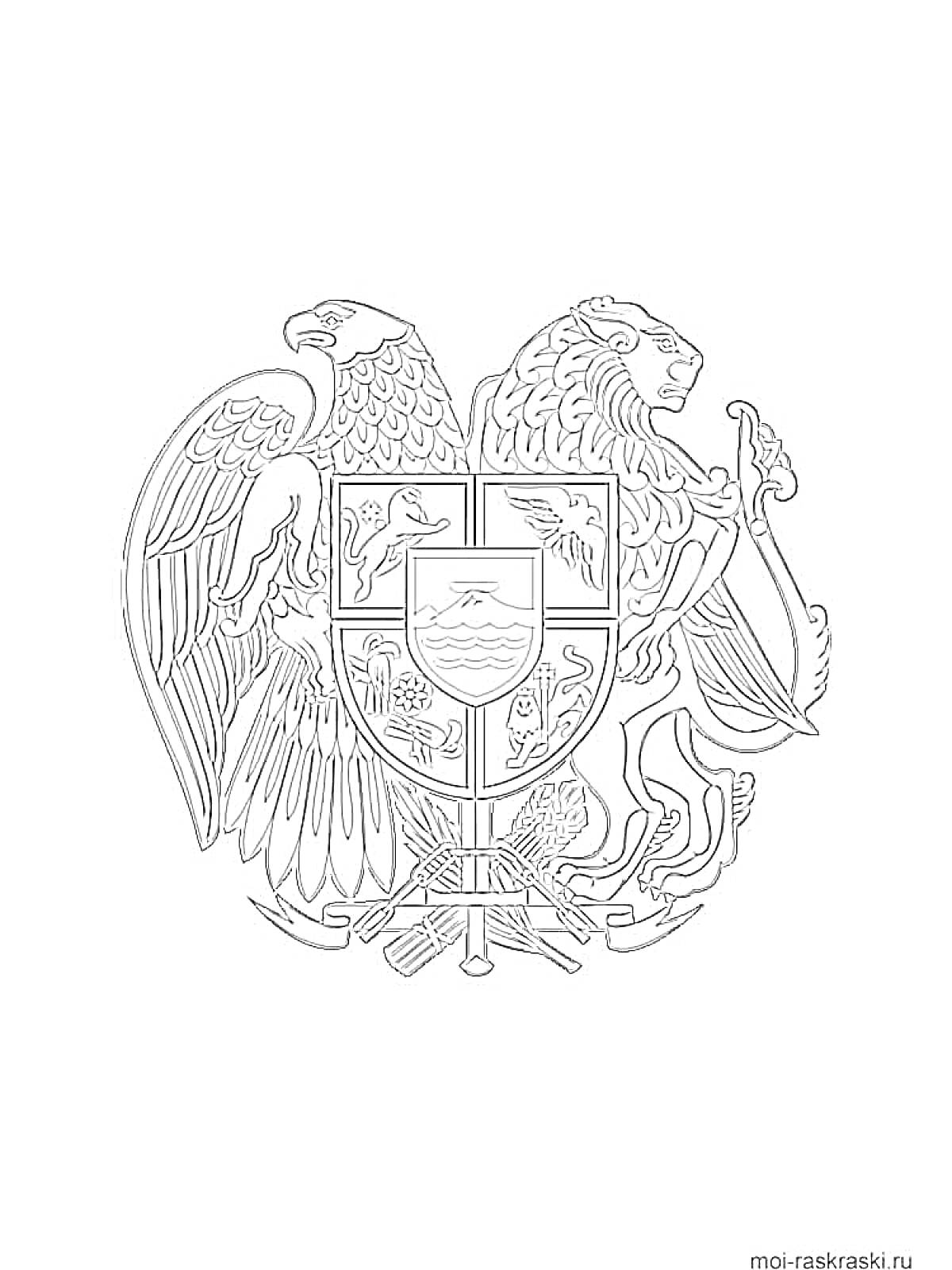 Раскраска Герб с орлом и львом, держащими щит с пятью символами внутри: горами, крестом, львом, крестом и водоемами, сабли внизу