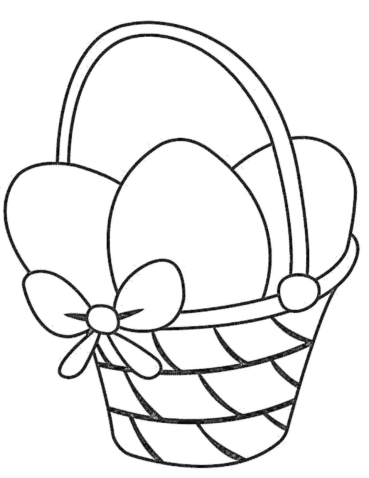 На раскраске изображено: Корзинка, Яйца, Бант, Пасха, Плетеная корзина, Праздничный декор