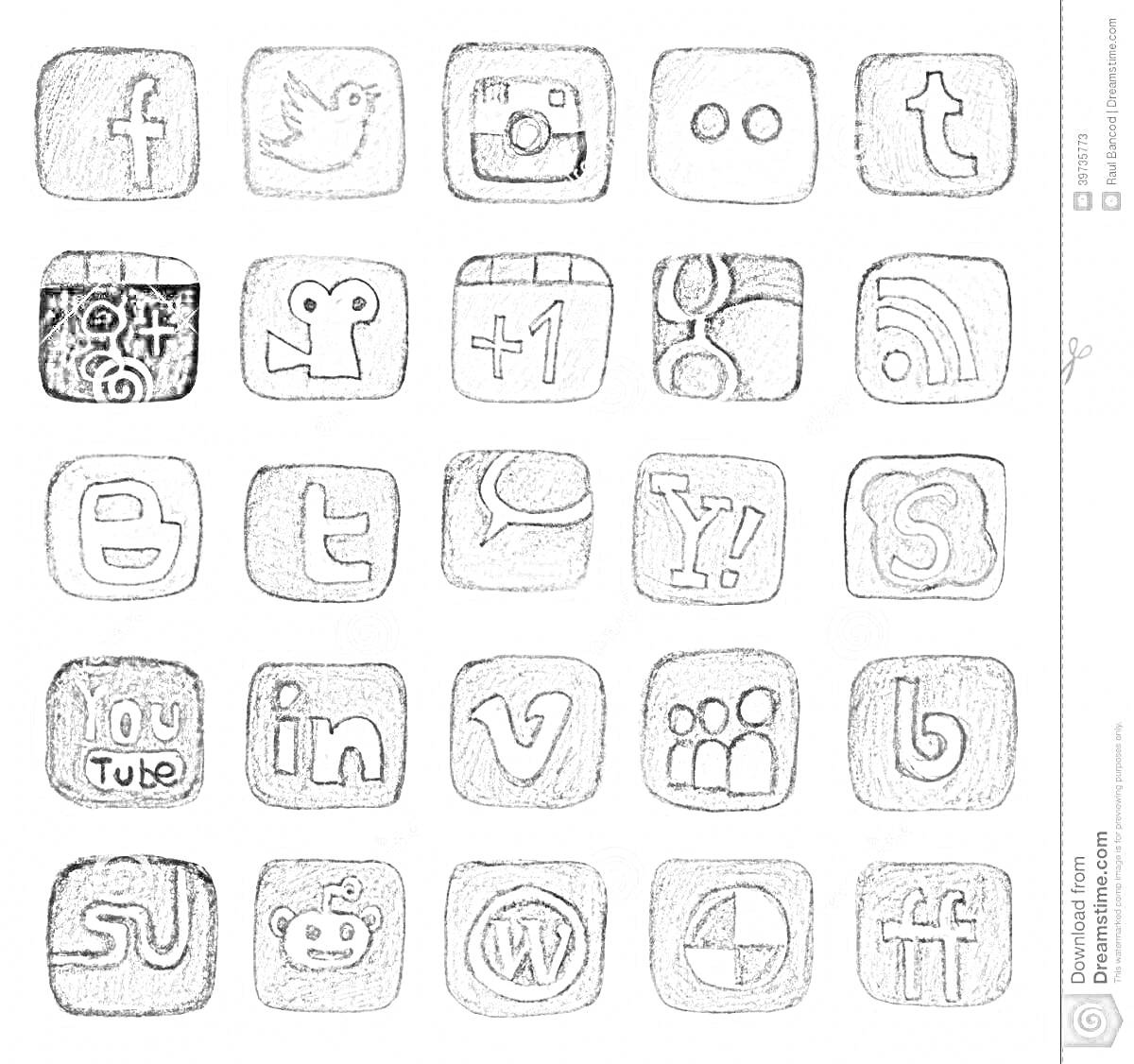 Логотипы социальных сетей и платформ в стиле карандашного рисунка со всеми элементами на фото