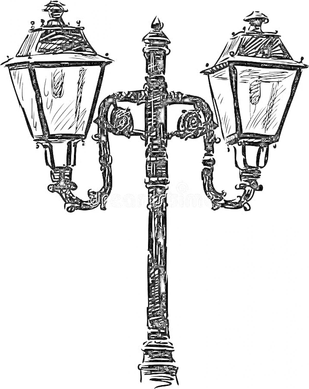 Раскраска Уличный фонарь с двумя лампами на кованой опоре