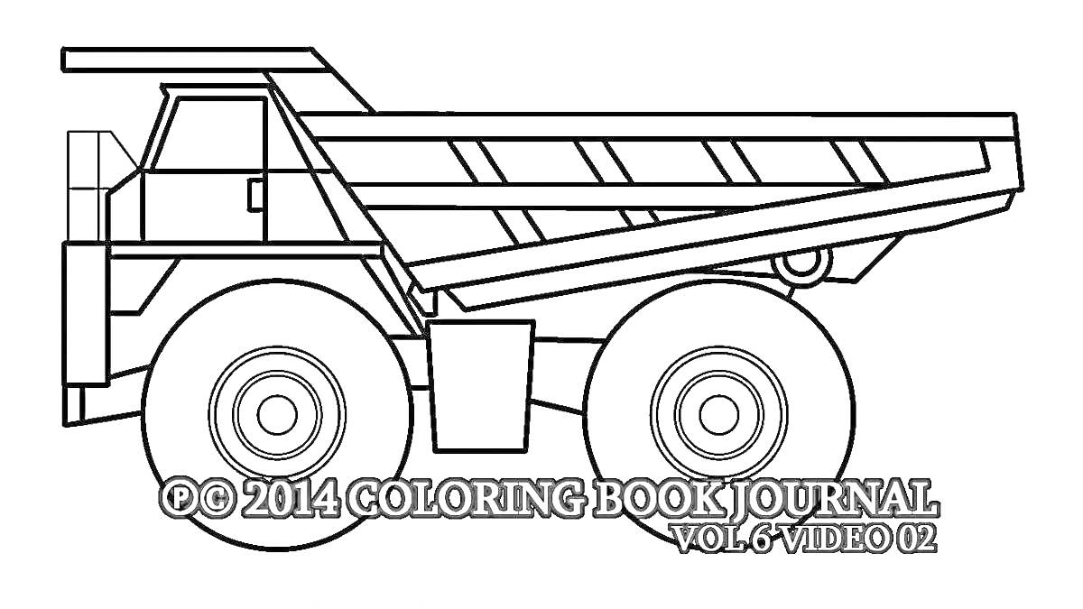На раскраске изображено: Карьерный самосвал, Строительная техника, Транспорт, Колёса, Кузов