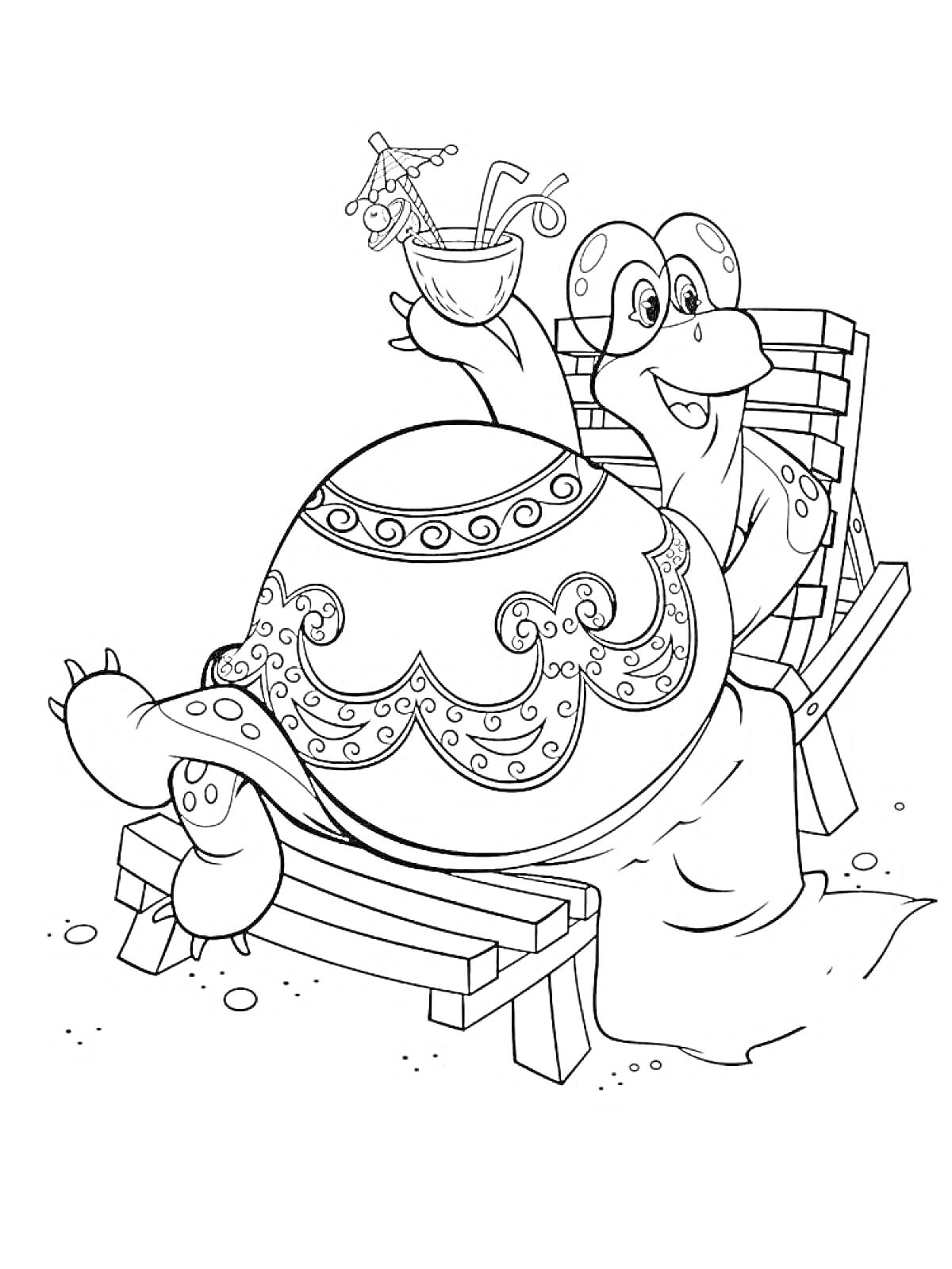 Раскраска Черепаха на лежаке с коктейлем и салатом