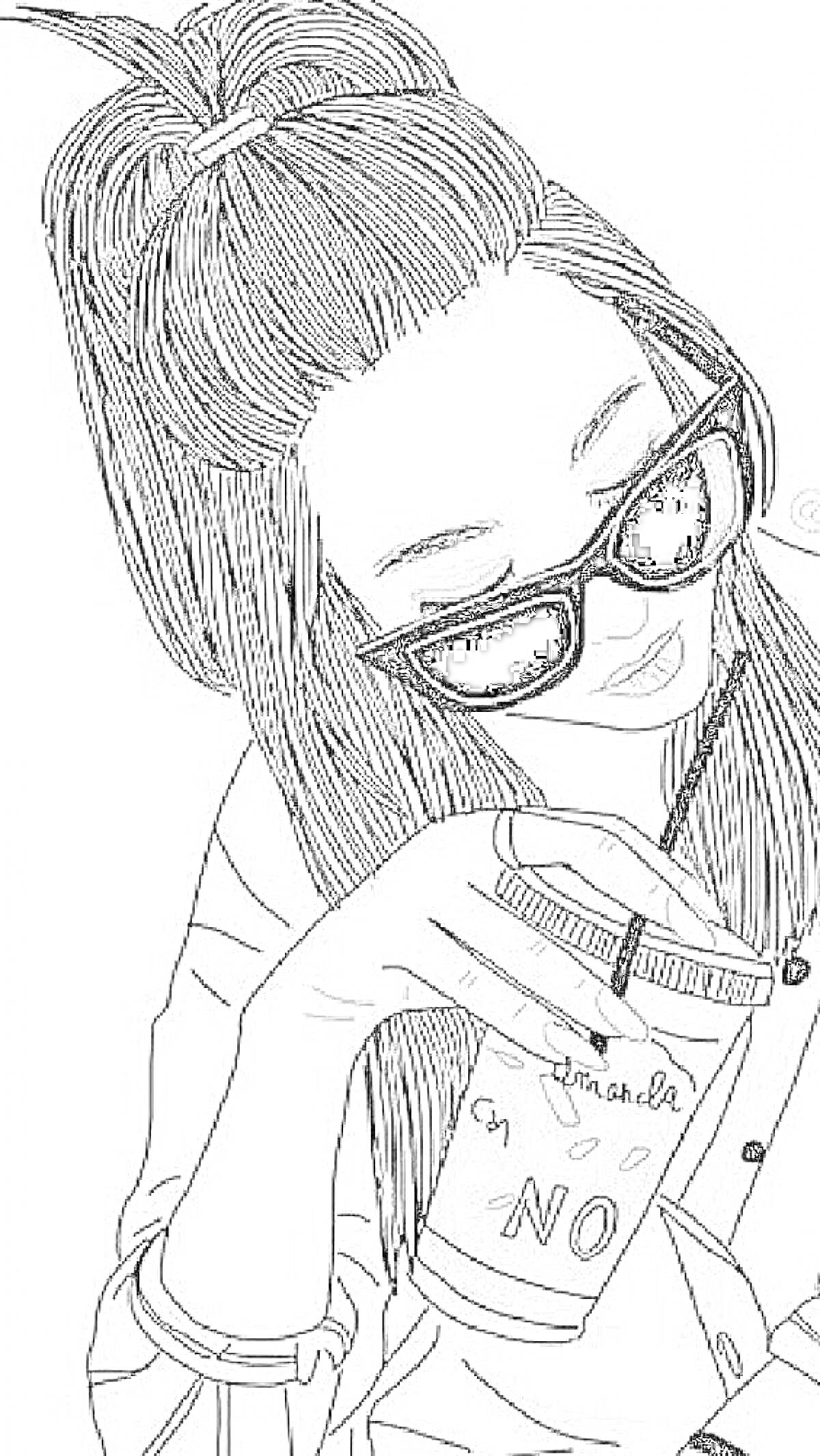 Раскраска Девушка в очках с высоким хвостом, держащая чашку с надписью
