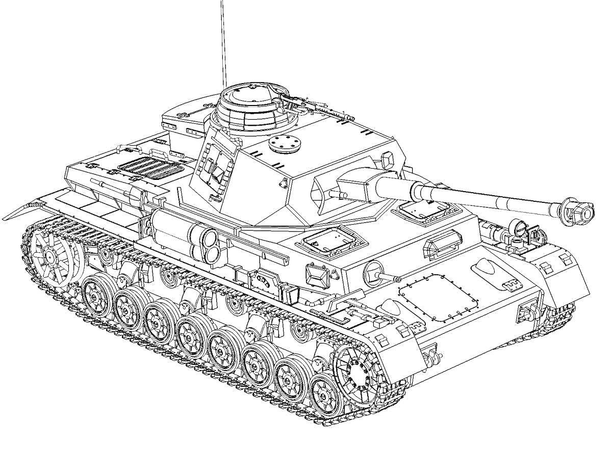 Раскраска танк с башней и пушкой, траки, антенна, прорисованные элементы корпуса