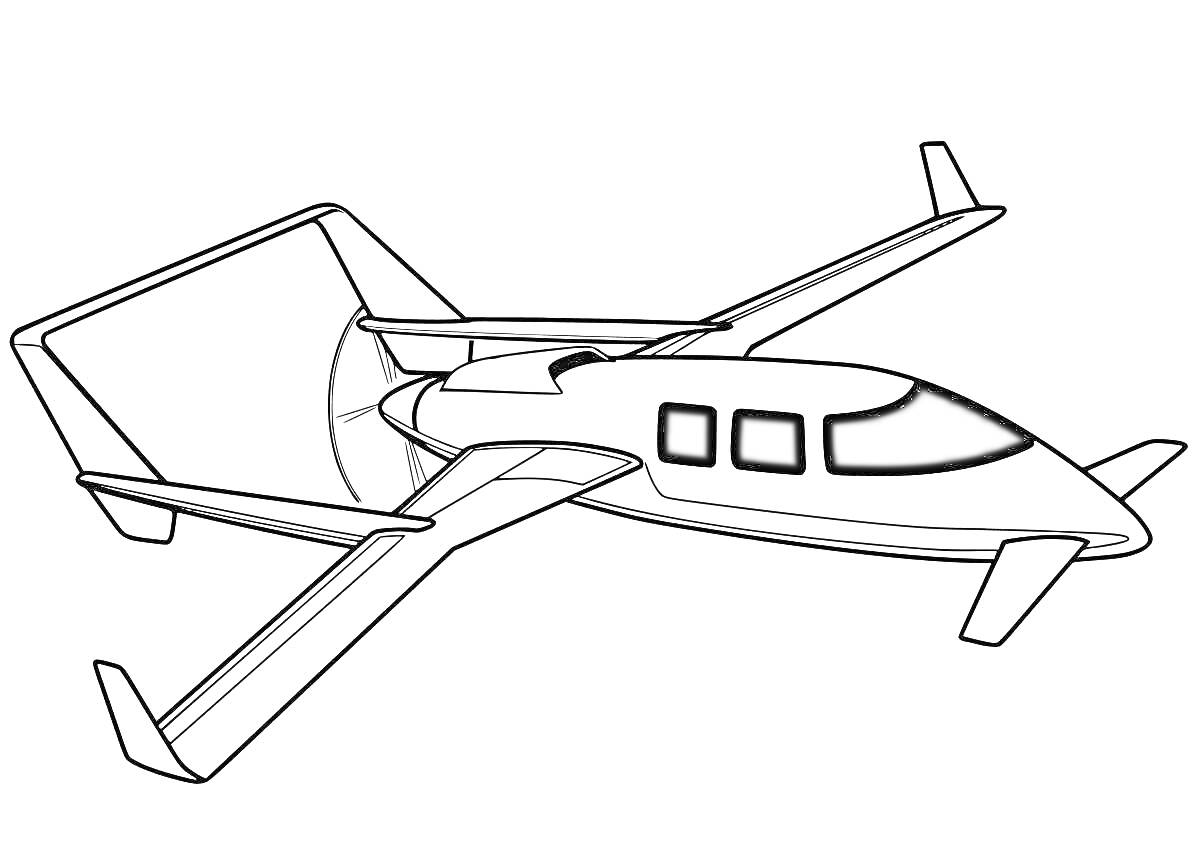 Раскраска Самолет с двойным хвостовым оперением и трапециевидными крыльями в полете