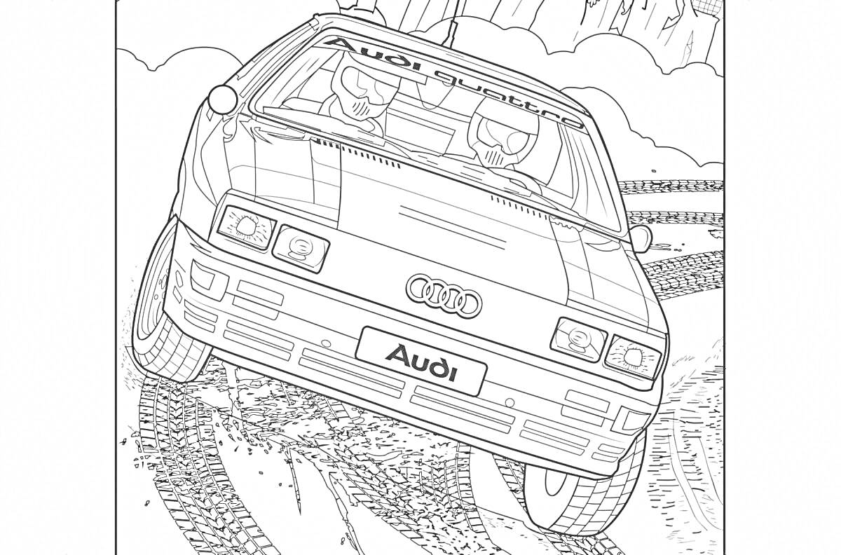 Раскраска Audi с двумя персонажами, участвующими в ралли, поворот машины, следы на земле, горы на заднем плане.