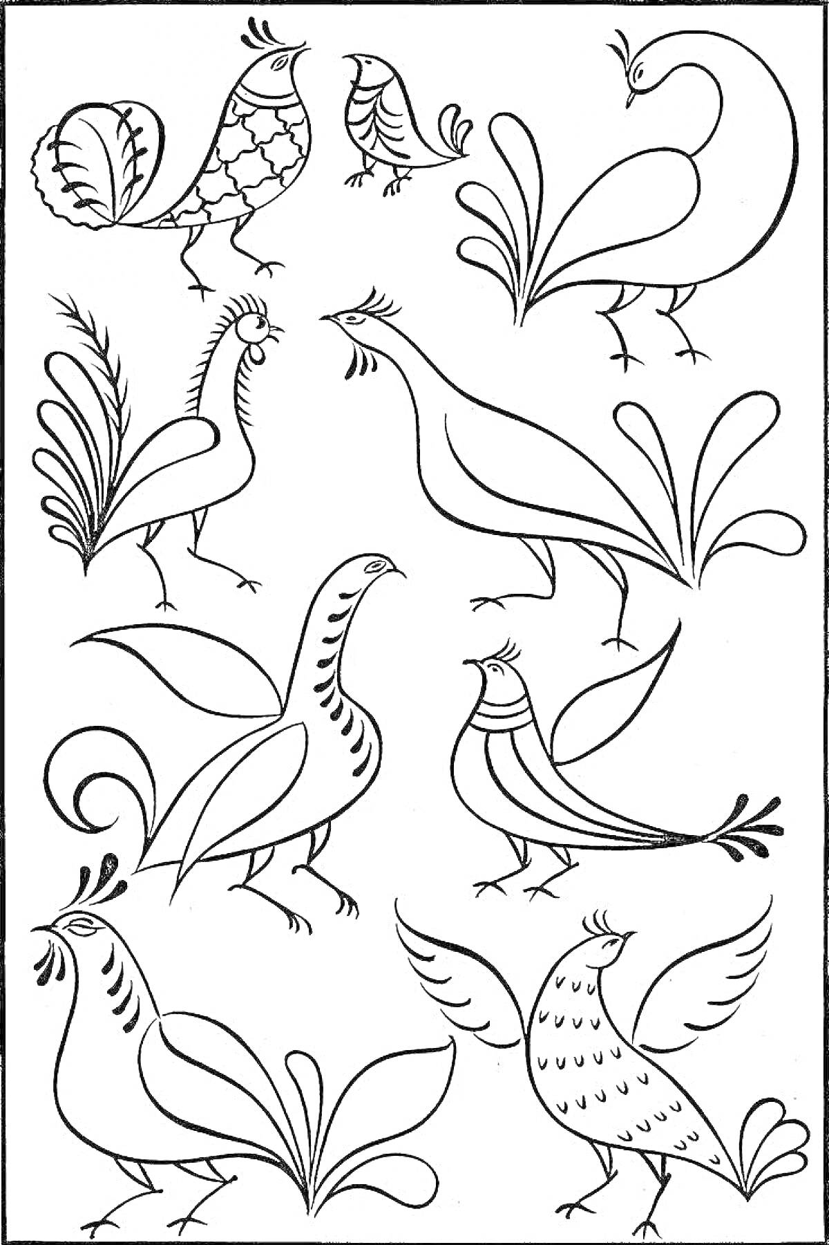 Раскраска Раскраска с элементами пермогорской росписи: восемь птиц с орнаментальными хвостами и крыльями