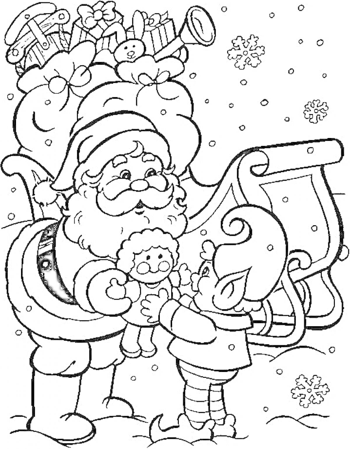 Раскраска Дед Мороз с мешком подарков и эльфом на санях, снег, снежинки, игрушки