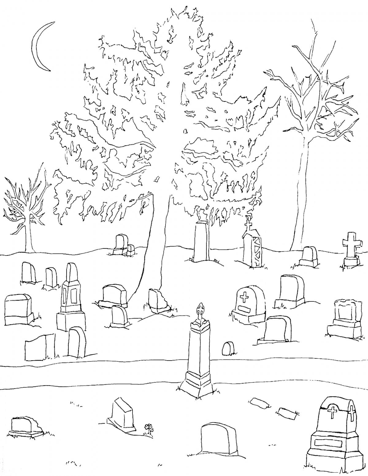 Раскраска Ночное кладбище с могилами, памятниками и деревьями под луной
