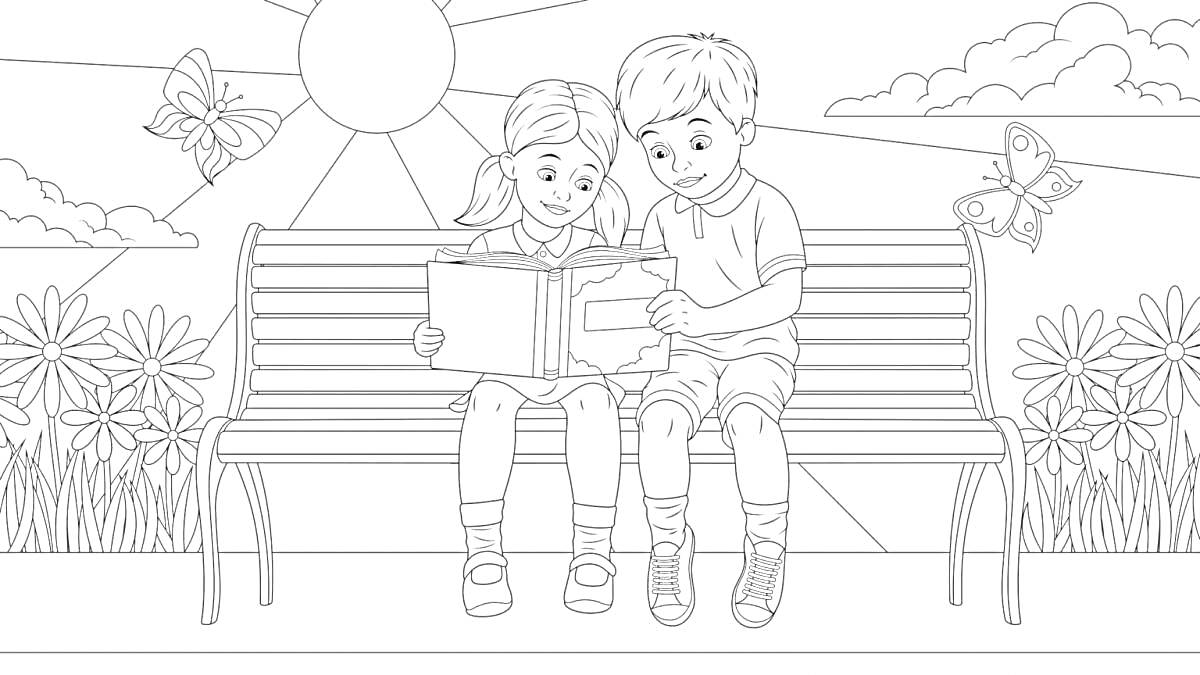 Раскраска Две читающие книги дети на скамейке в парке на фоне солнца, цветов и бабочек