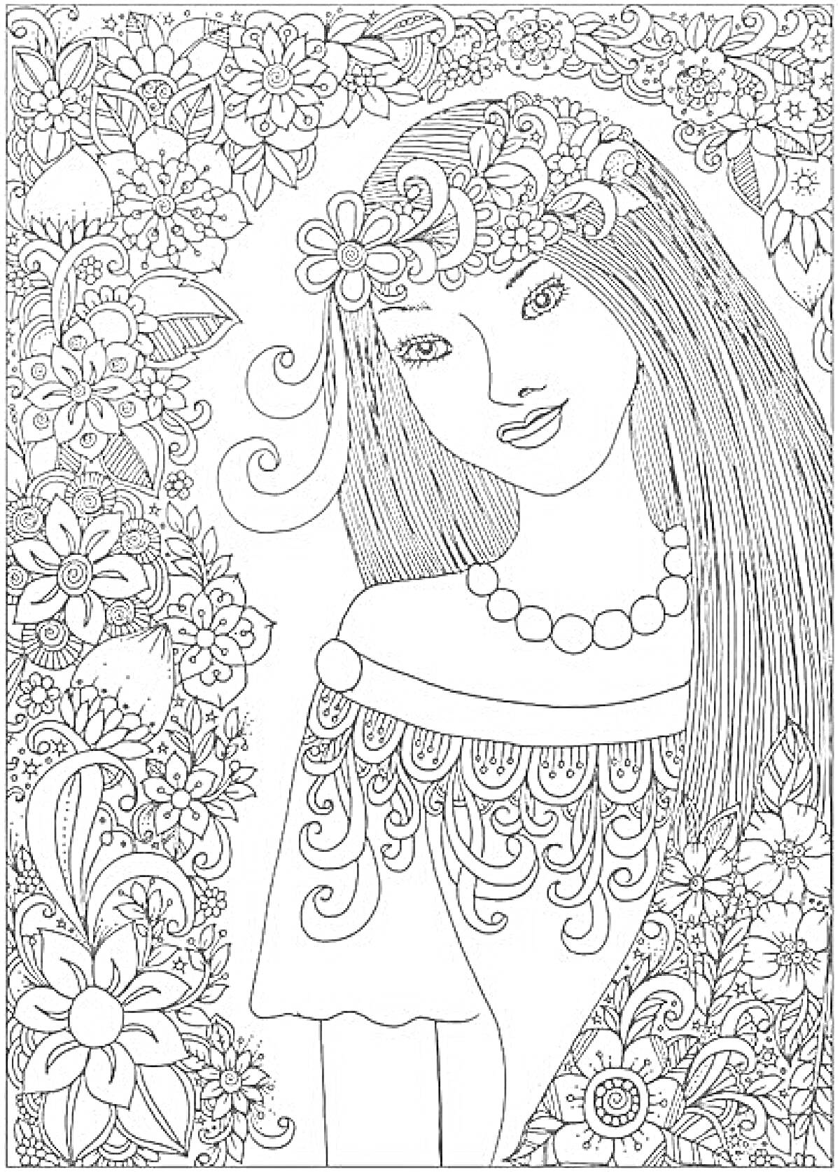 Раскраска Девушка с длинными волосами в цветочном венке на фоне плотного цветочного узора