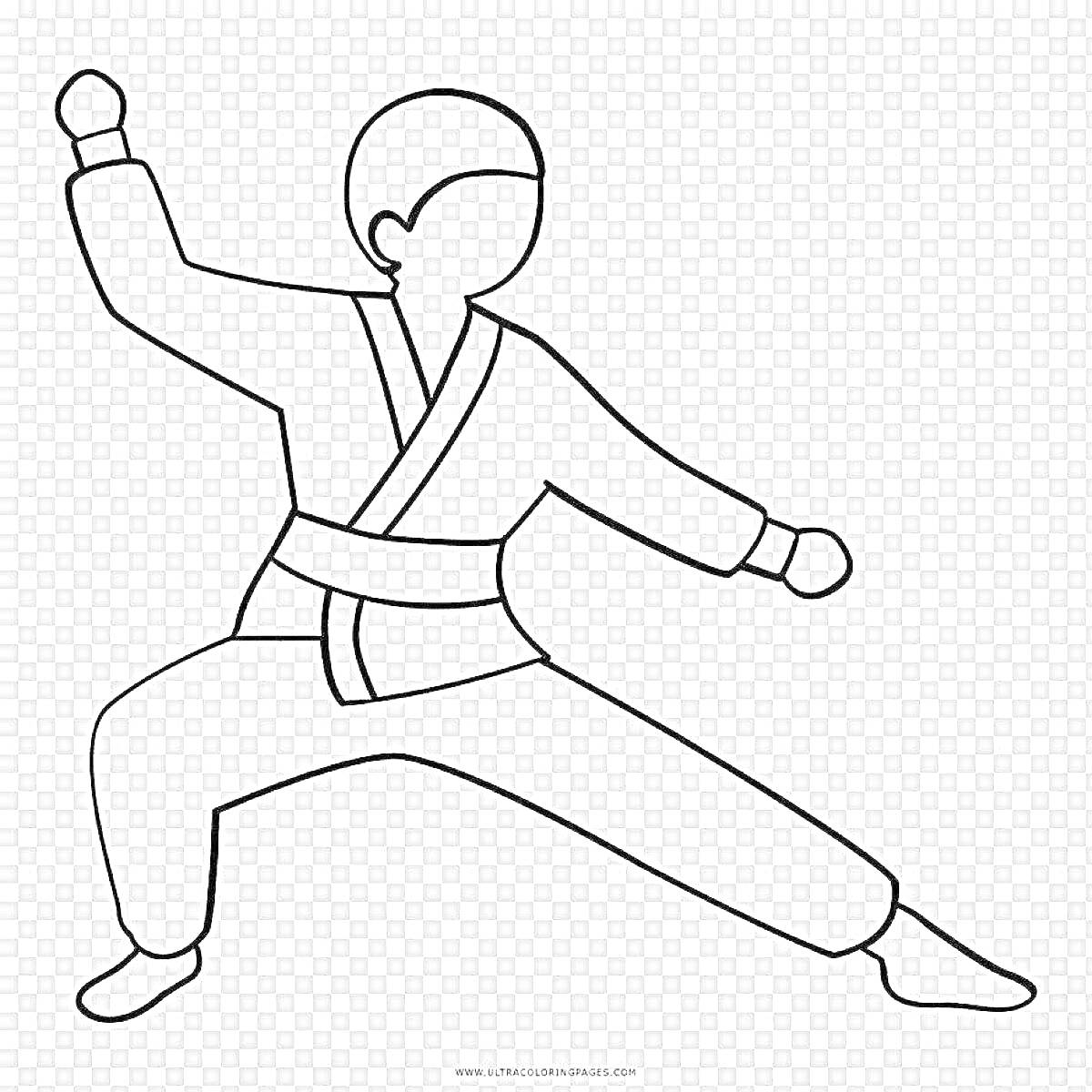 РаскраскаДзюдоист в атакующей стойке с поднятой рукой и согнутыми ногами