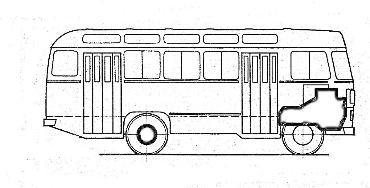  Автобус ПАЗик с двумя дверями, с восемью горизонтальными окнами, двумя колёсами, вентиляционными отверстиями на крыше и отсеком для двигателя