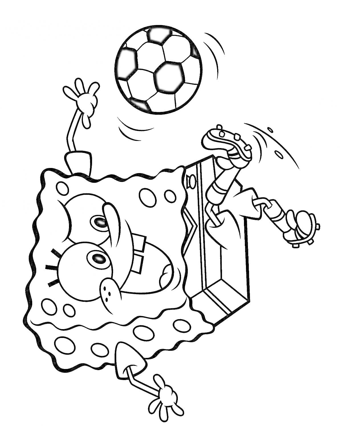 На раскраске изображено: Футбольный мяч, Губка Боб, Спорт, Футбол, Бутсы, Для детей, Игровой момент, Веселье