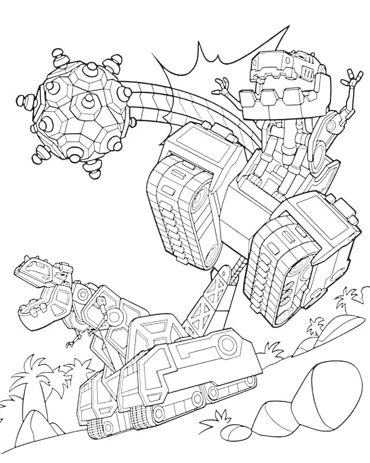 Раскраска Два боевых робота с манипуляторами и ракетами среди растений и камней