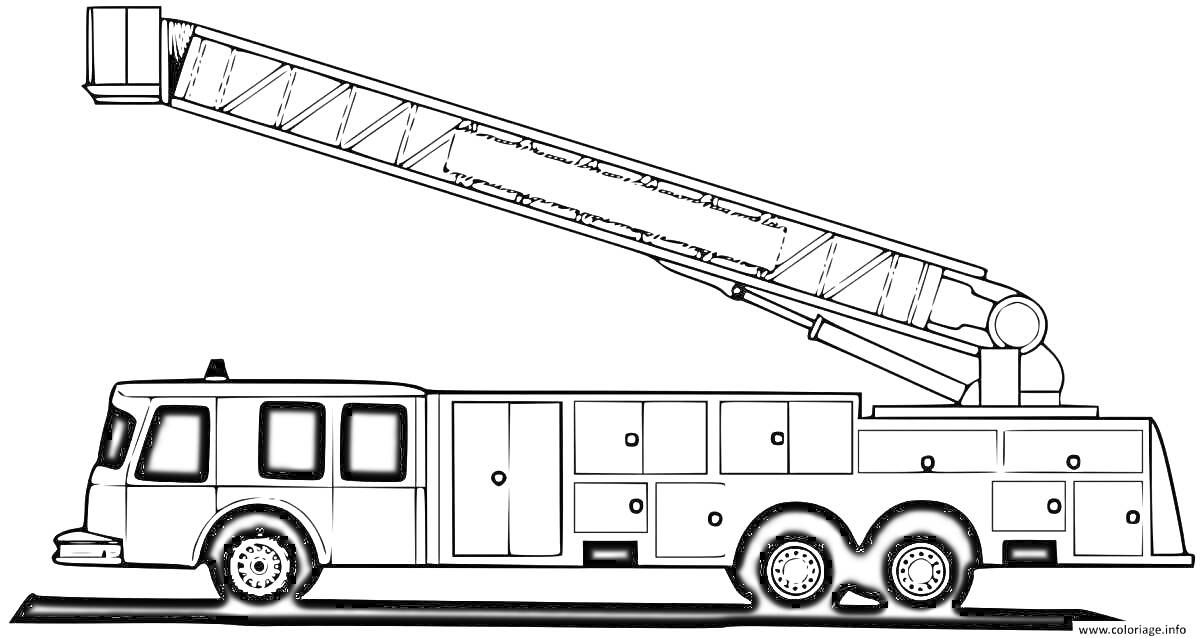 На раскраске изображено: Пожарная машина, Выдвижная лестница, Колёса, Оборудование, Спасательное оборудование, Пожарная служба