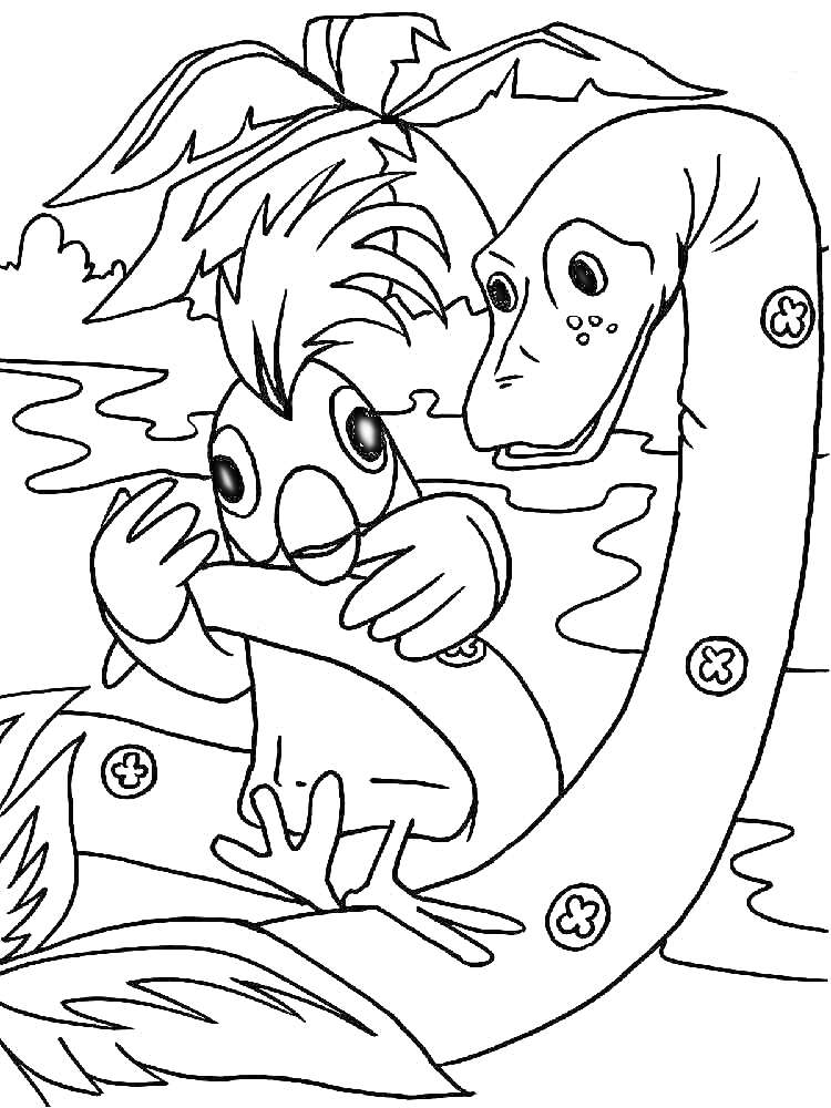 Раскраска Попугай и Удав на фоне пальм и воды