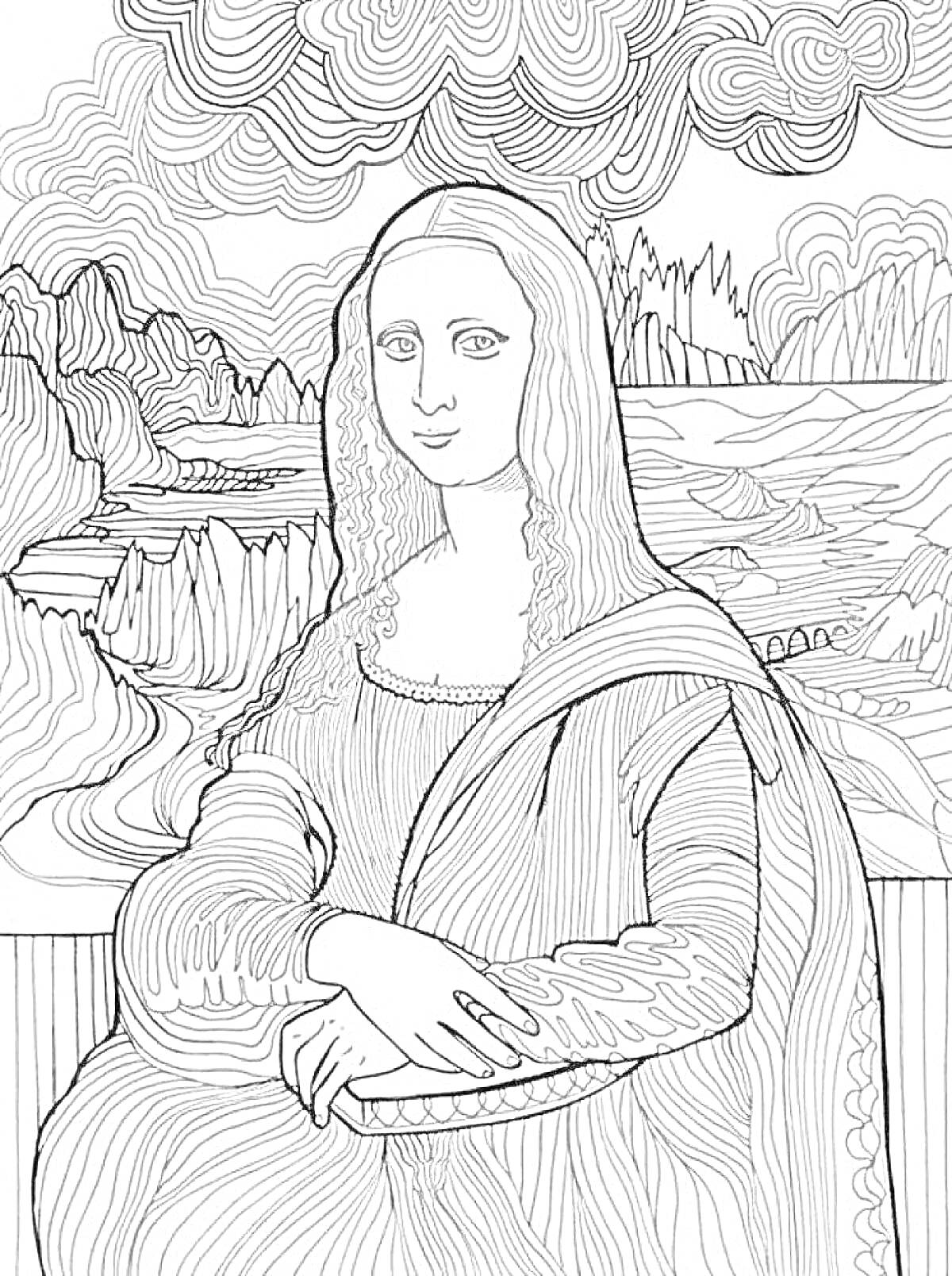 Раскраска Раскраска с портретом Моны Лизы на фоне гор, деревьев и неба с облаками