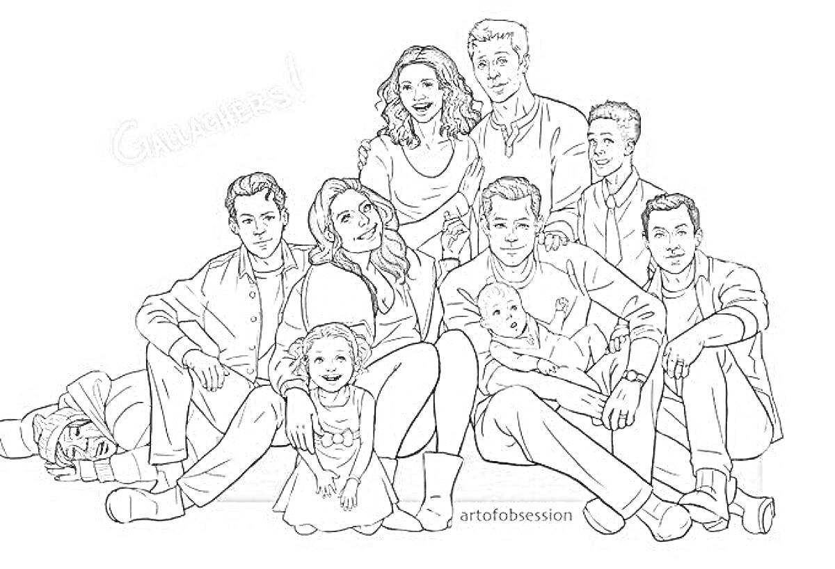 Семейное фото: восемь взрослых и один ребёнок, мужчины и женщины, одежда в светлых тонах, подписано 