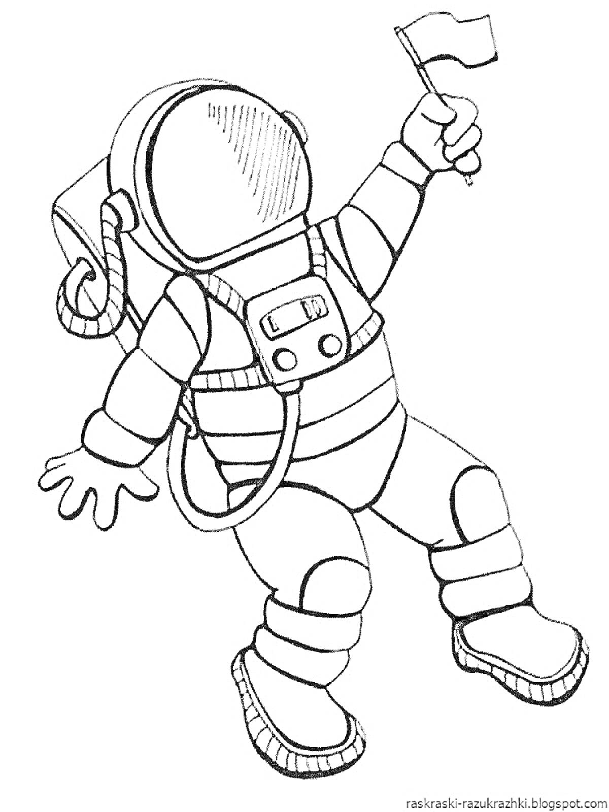 Раскраска Космонавт с флагом из игры Бравел Старс, в скафандре с рацией и трубками