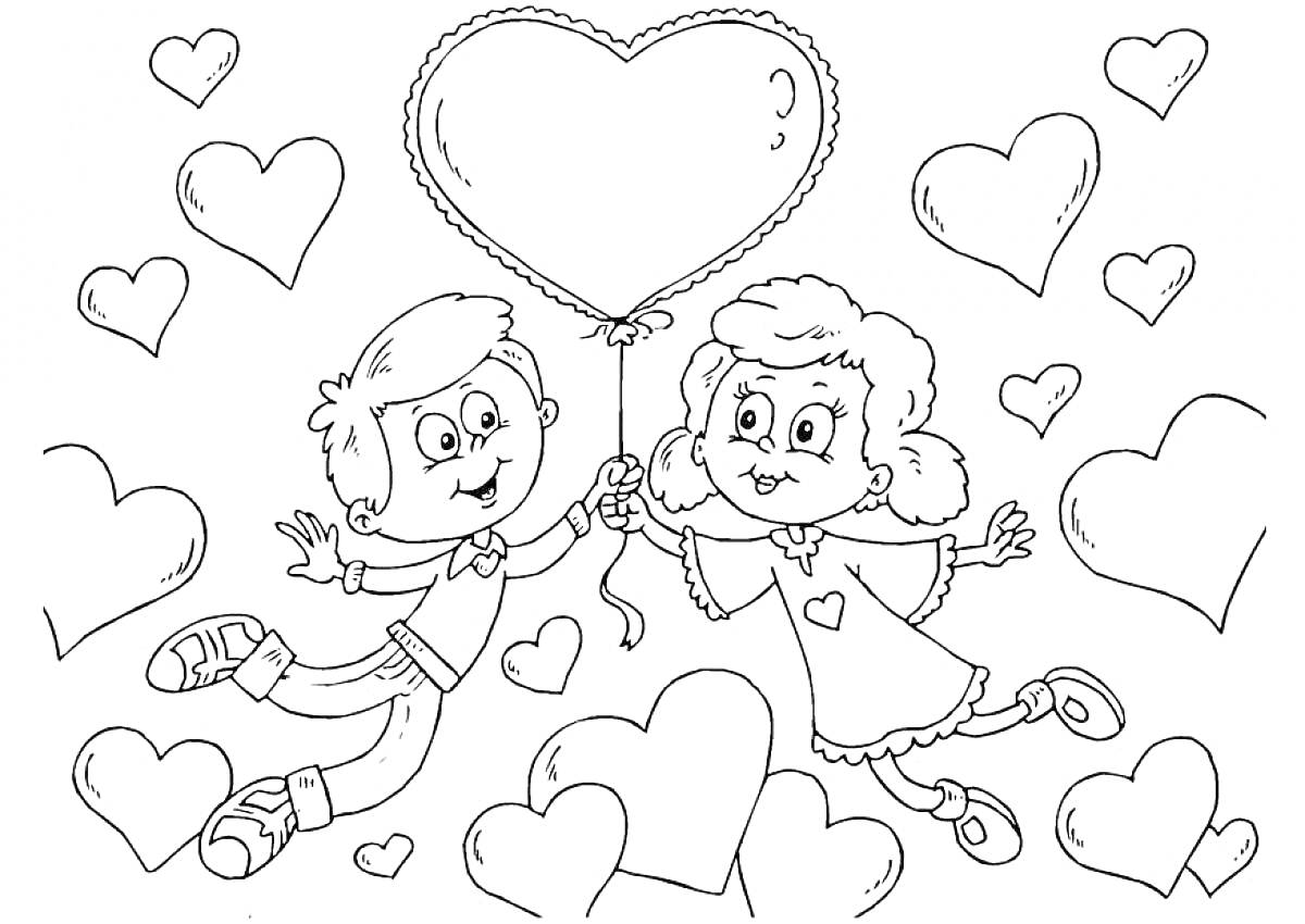 Раскраска мальчик и девочка с воздушным шаром в форме сердца, множество сердечек на заднем фоне