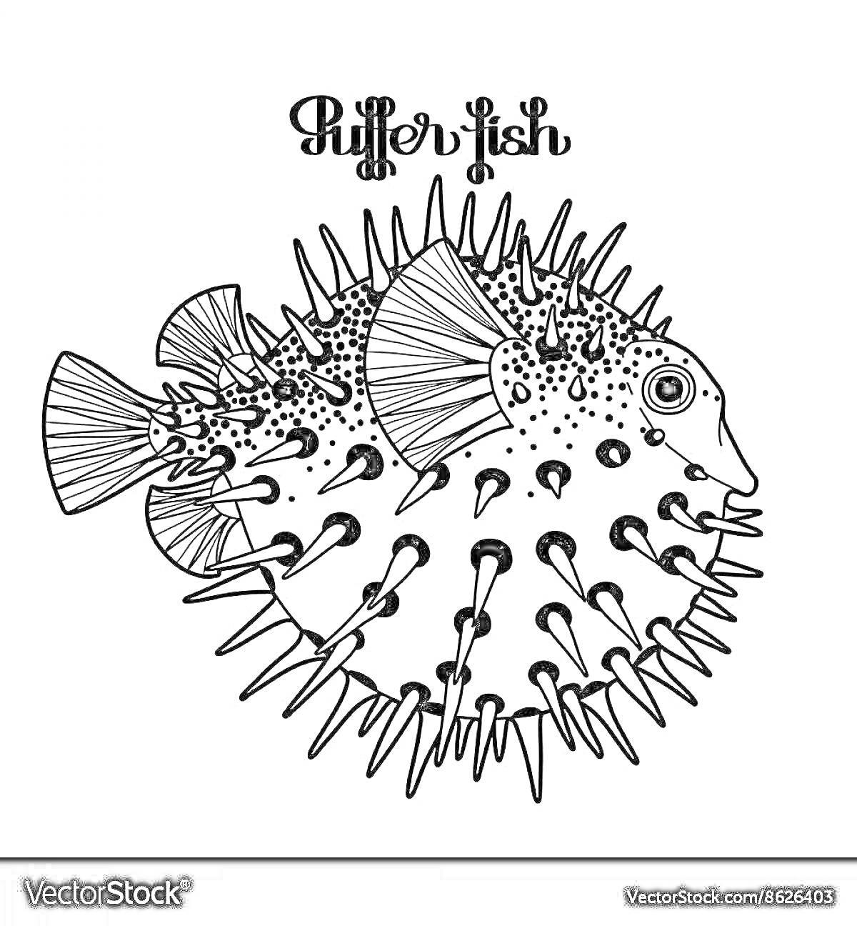 Раскраска Рыба-еж с шипами и плавниками, надпись 
