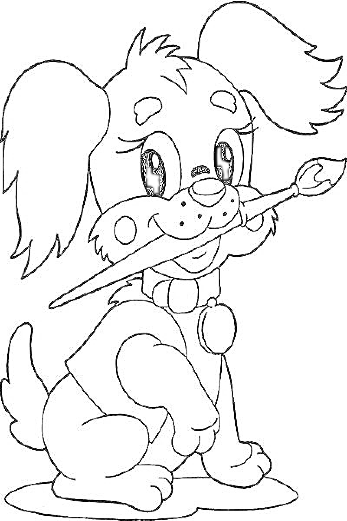 Раскраска Собачка с кисточкой в пасти и ошейником