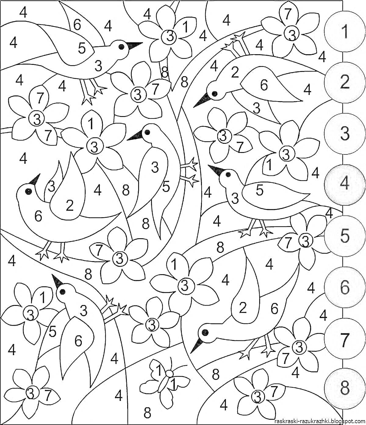 Раскраска Раскраска по цифрам с птицами и цветами