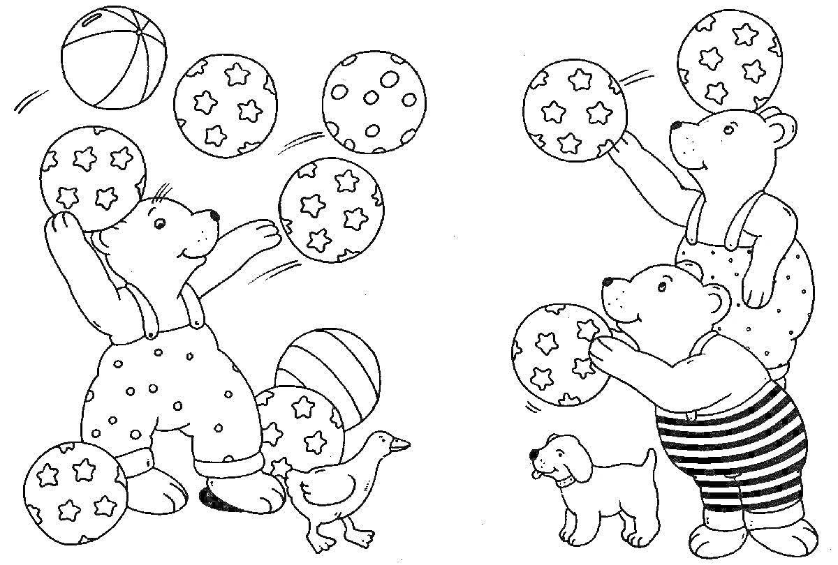 На раскраске изображено: Воздушные шары, Мячи, Утка, Собака, Игра, Животные