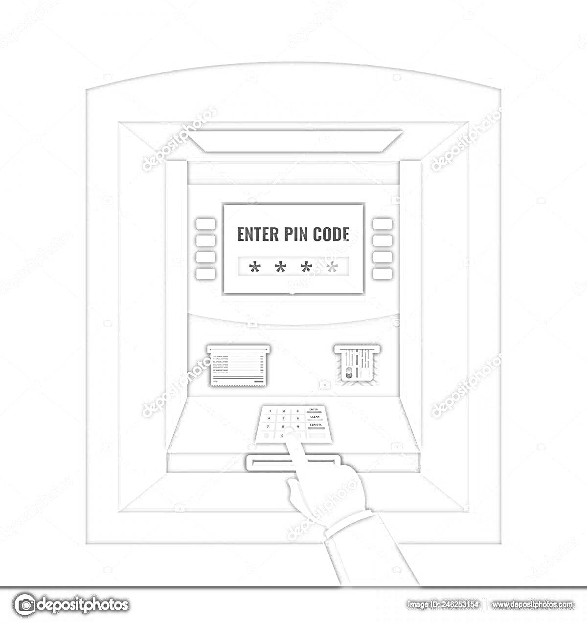 Раскраска Банкомат с изображением экрана, клавиатуры и руки, вводящей пин-код