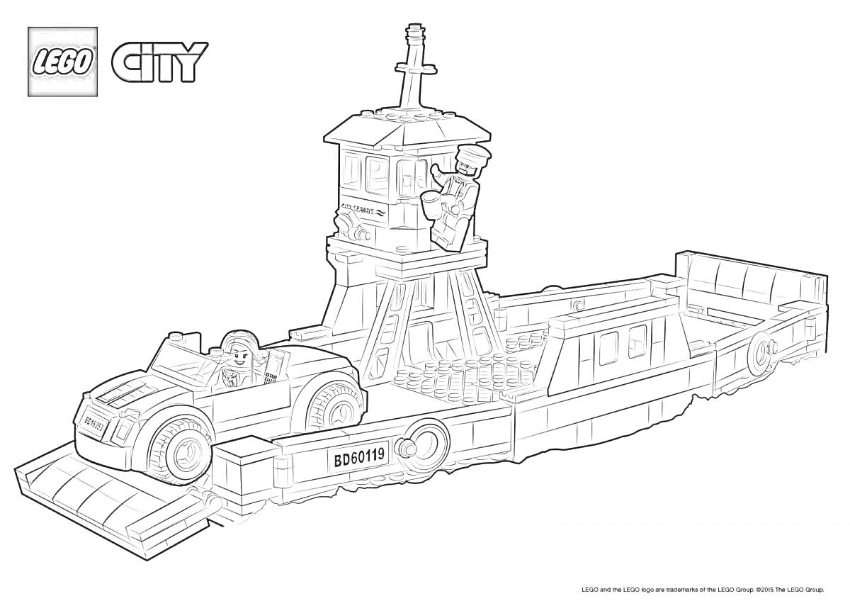 Раскраска Лего городской паром с автомобилем и капитаном