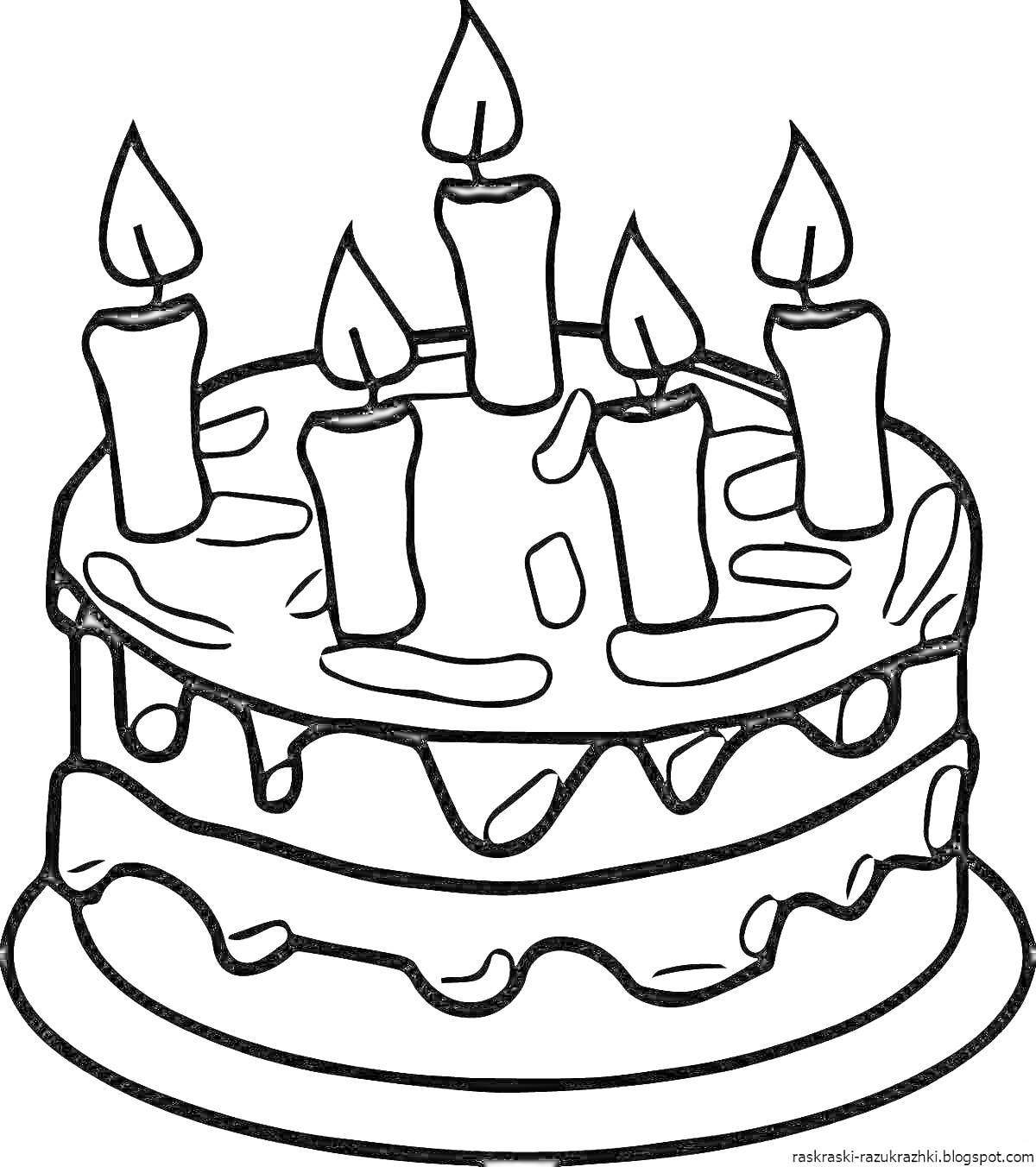 Раскраска Торт с пятью свечами на подносе