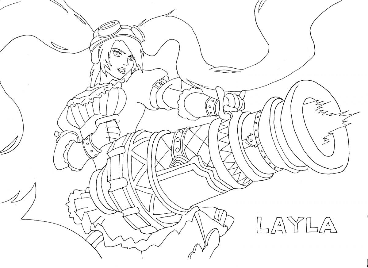 На раскраске изображено: Лейла, Mobile Legends, Персонаж, Пушка
