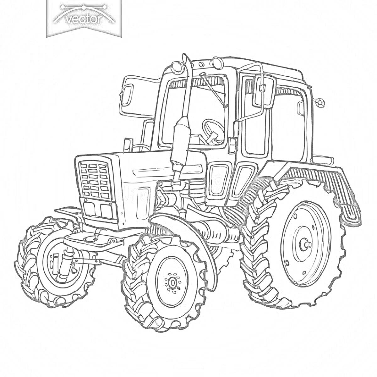 Трактор Беларус, кабина, передний бампер, большие колеса, зеркало заднего вида, окна, ступицы, элементы двигателя