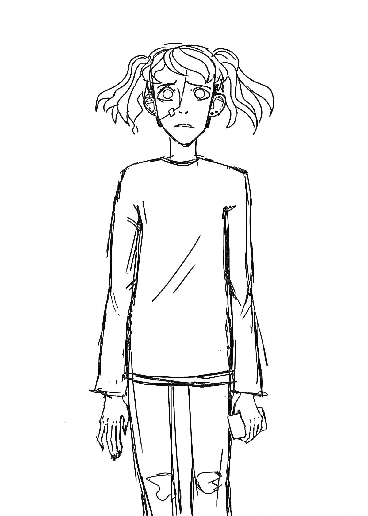 Раскраска Девочка с двумя хвостиками в длинном свитере и джинсах