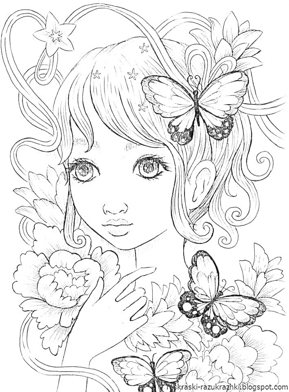 На раскраске изображено: Цветы, Волосы, Детское творчество, Бабочка, Девочка, Красивые