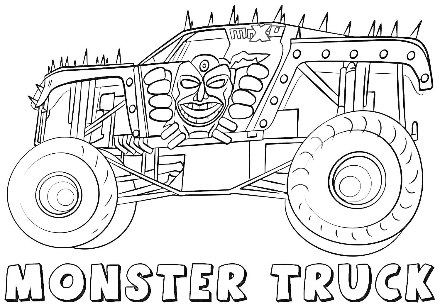 Раскраска Пожарный монстр трак с шипами и маской на боку, надпись MONSTER TRUCK внизу