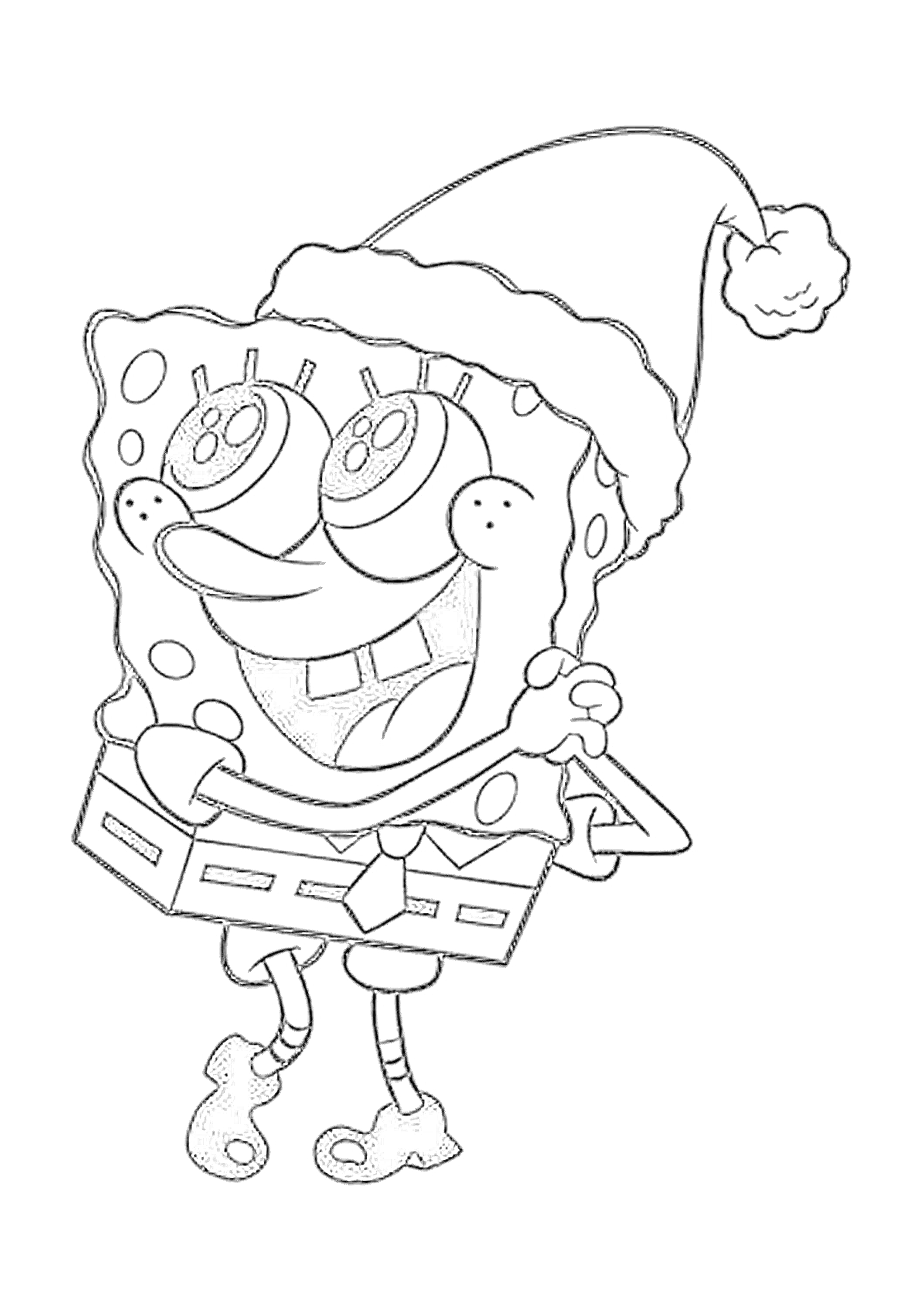 На раскраске изображено: Губка Боб, Новый год, Дед Мороз, Шапка