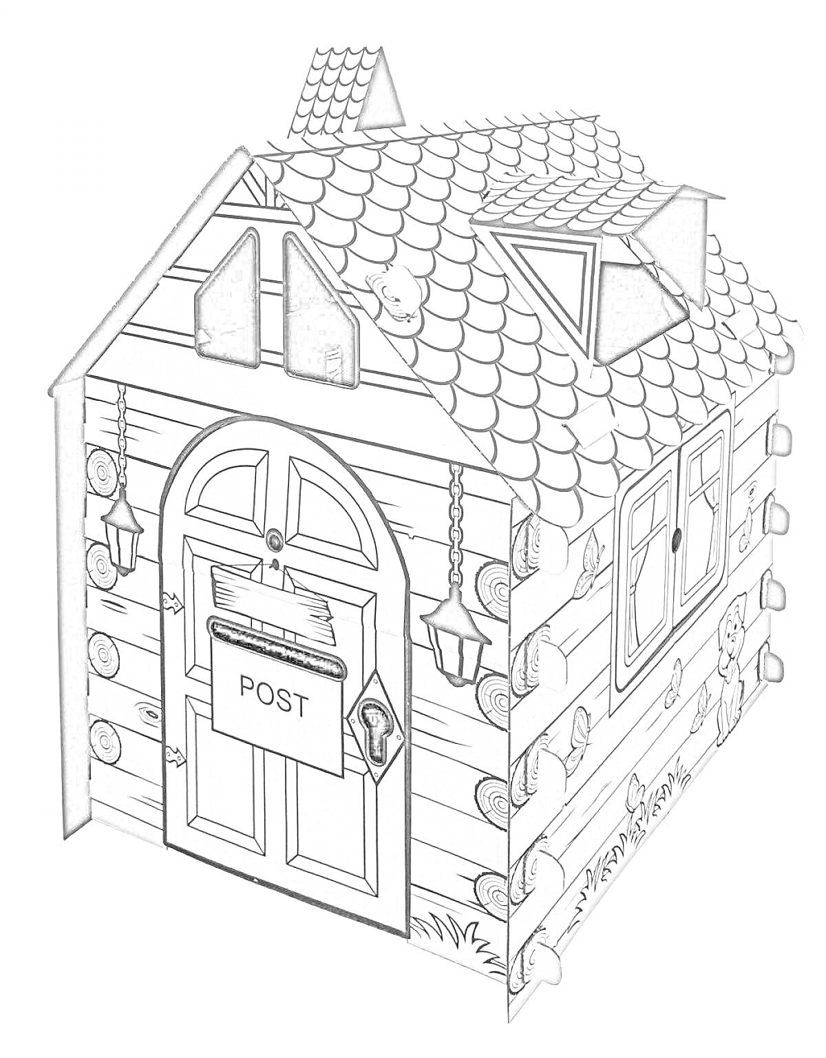 На раскраске изображено: Домик, Дверь, Окна, Крыша, Черепица, Фонари