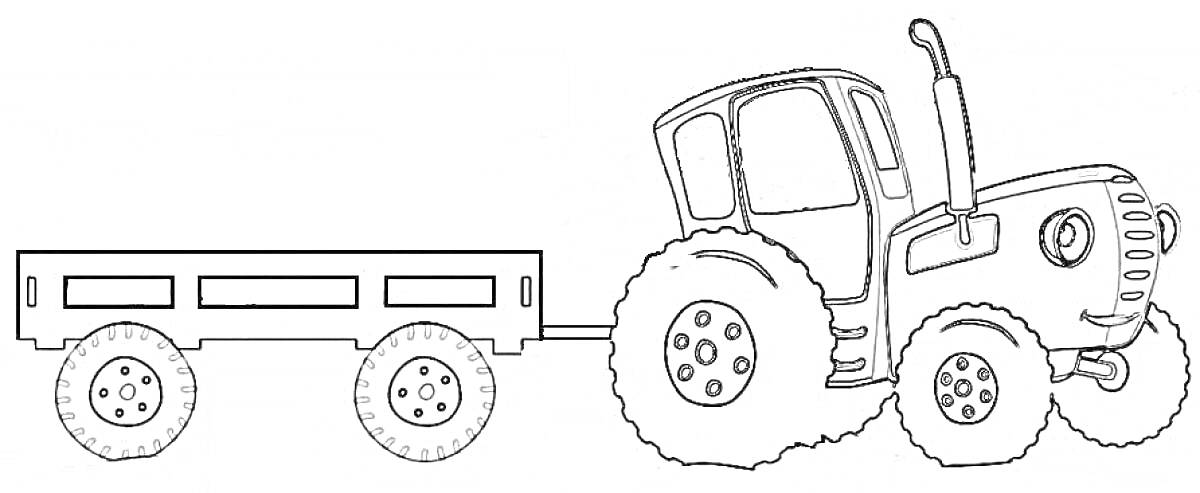 Раскраска Синий трактор с прицепом на четырех колесах