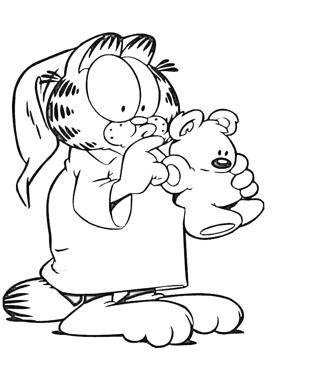 На раскраске изображено: Кот, Ночная рубашка, Плюшевый медведь