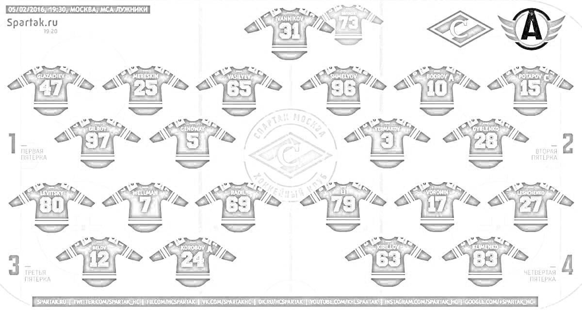 Раскраска Футбольные футболки с номерами игроков Спартак Москва и логотипы команд