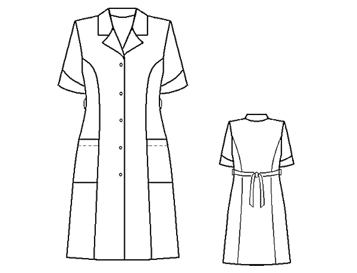 Раскраска Женский халат с короткими рукавами, поясом, воротником и карманами, вид спереди и сзади