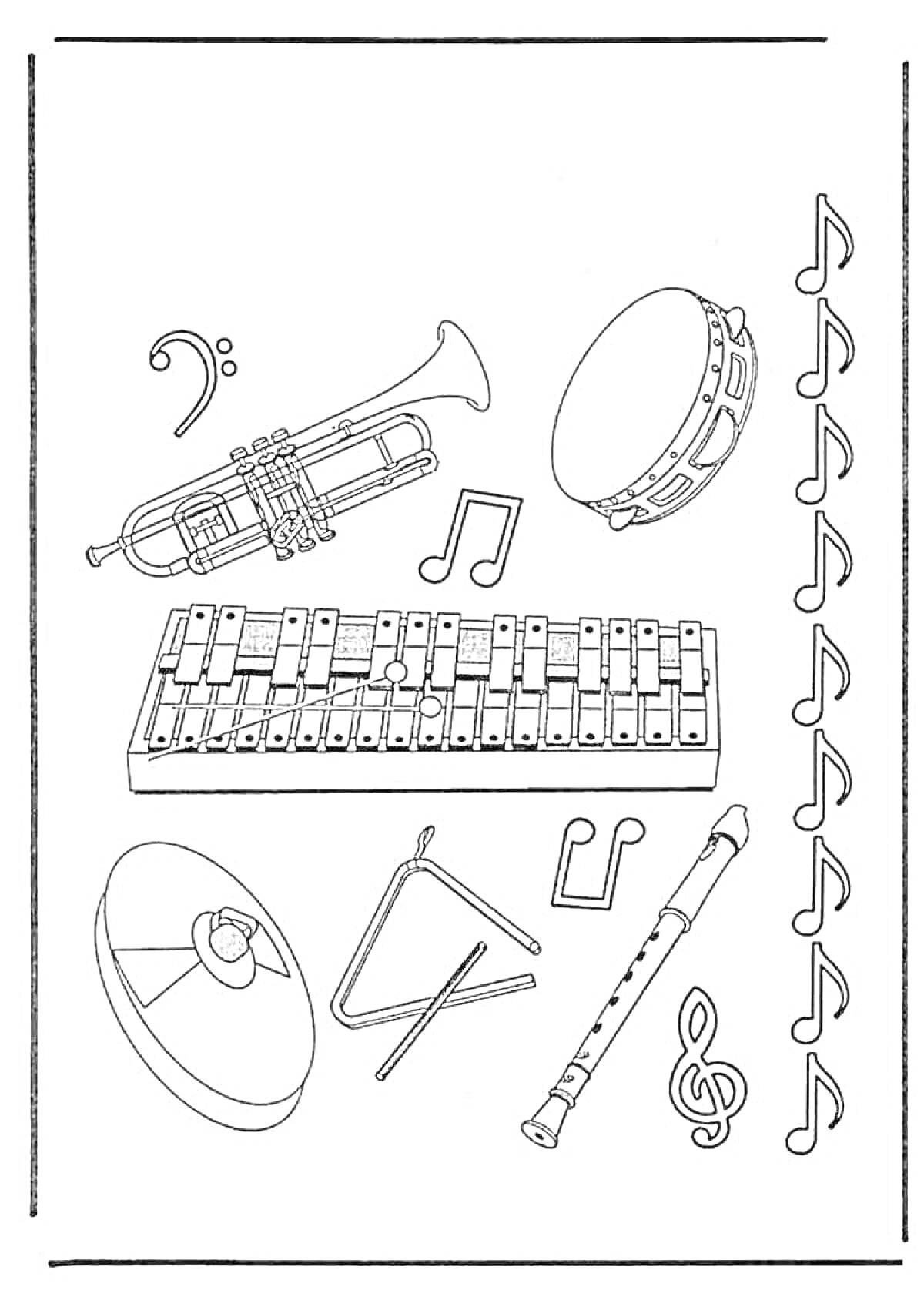 Раскраска Музыкальные инструменты для детей - барабан, труба, ксилофон, тарелки, треугольник, флейта и ноты
