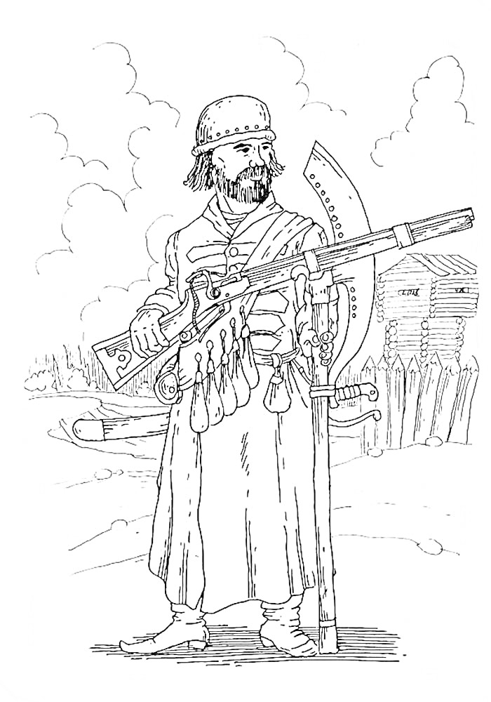 Солдат с мушкетом и топором на фоне деревянного укрепления и облаков