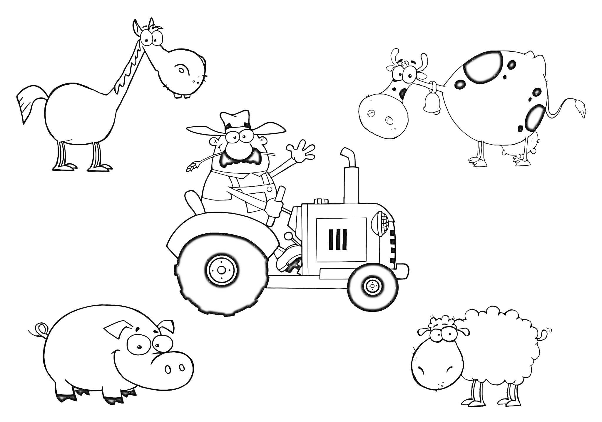 На раскраске изображено: Синий трактор, Фермер, Корова, Животные, Развлечения, Ферма