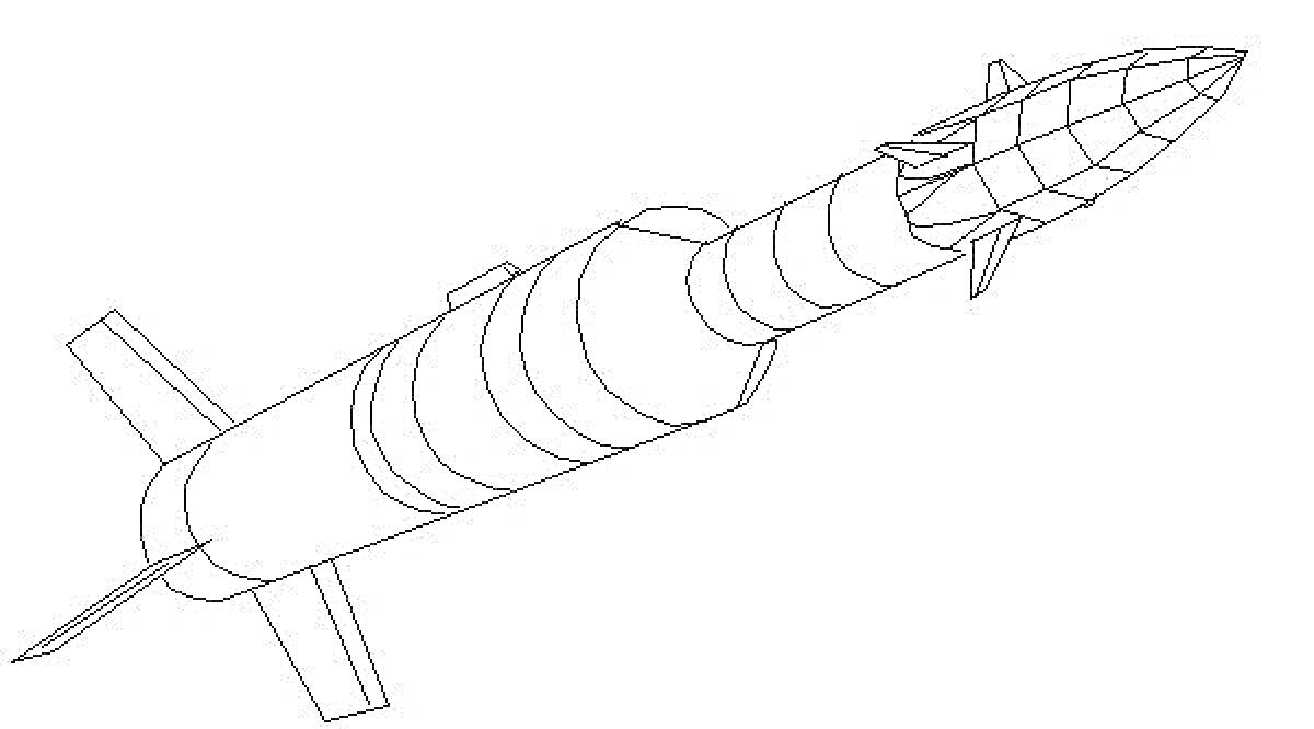 Раскраска Чертеж ядерной ракеты с крыльями стабилизаторами и аэродинамическим конусом