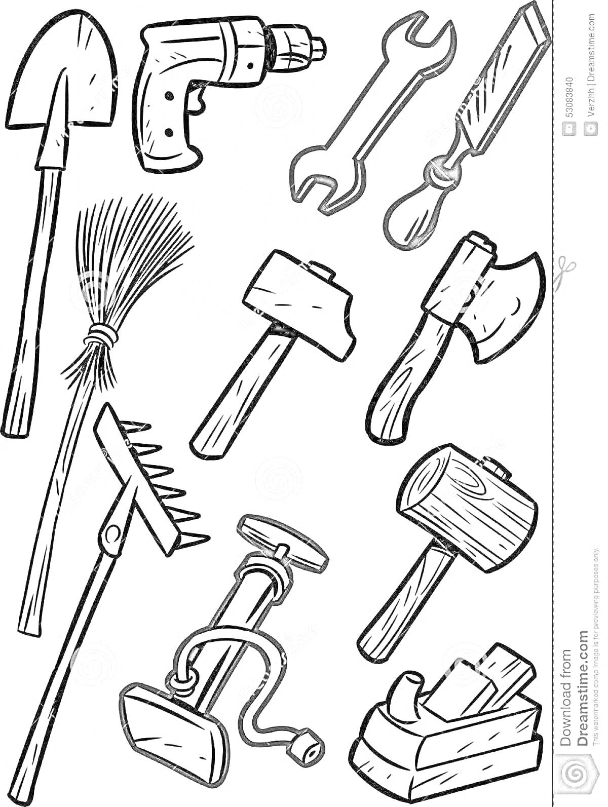 Раскраска Набор инструментов: лопата, дрель, гаечный ключ, стамеска, веник, молоток, топор, грабли, насос, деревянный молоток, рубанок