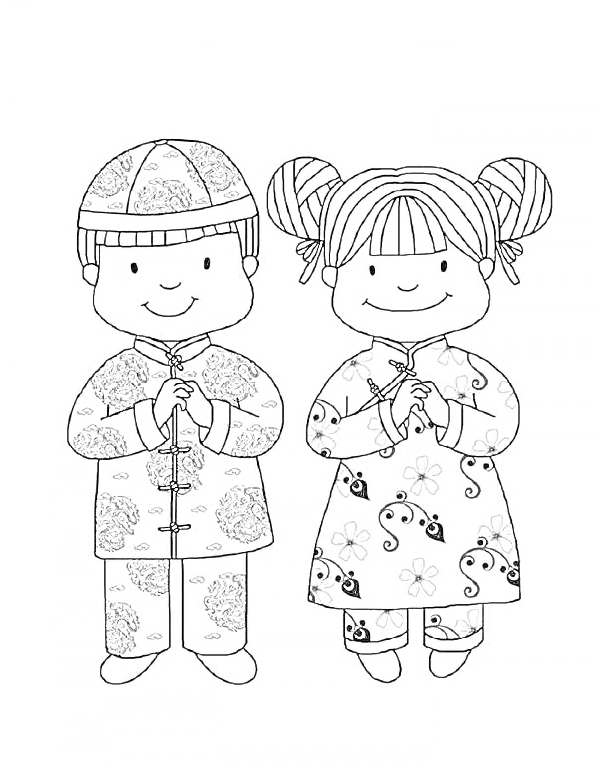 Раскраска Девочка и мальчик в традиционной китайской одежде с узорами, приветствуют друг друга