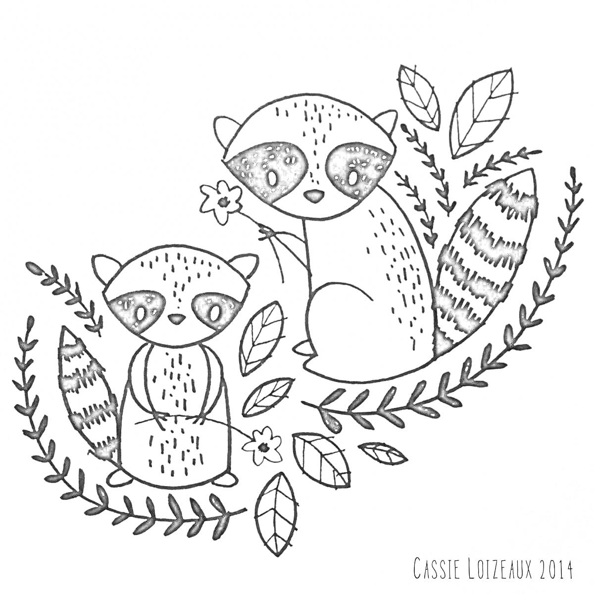 На раскраске изображено: Енот, Антистресс, Листья, Цветы